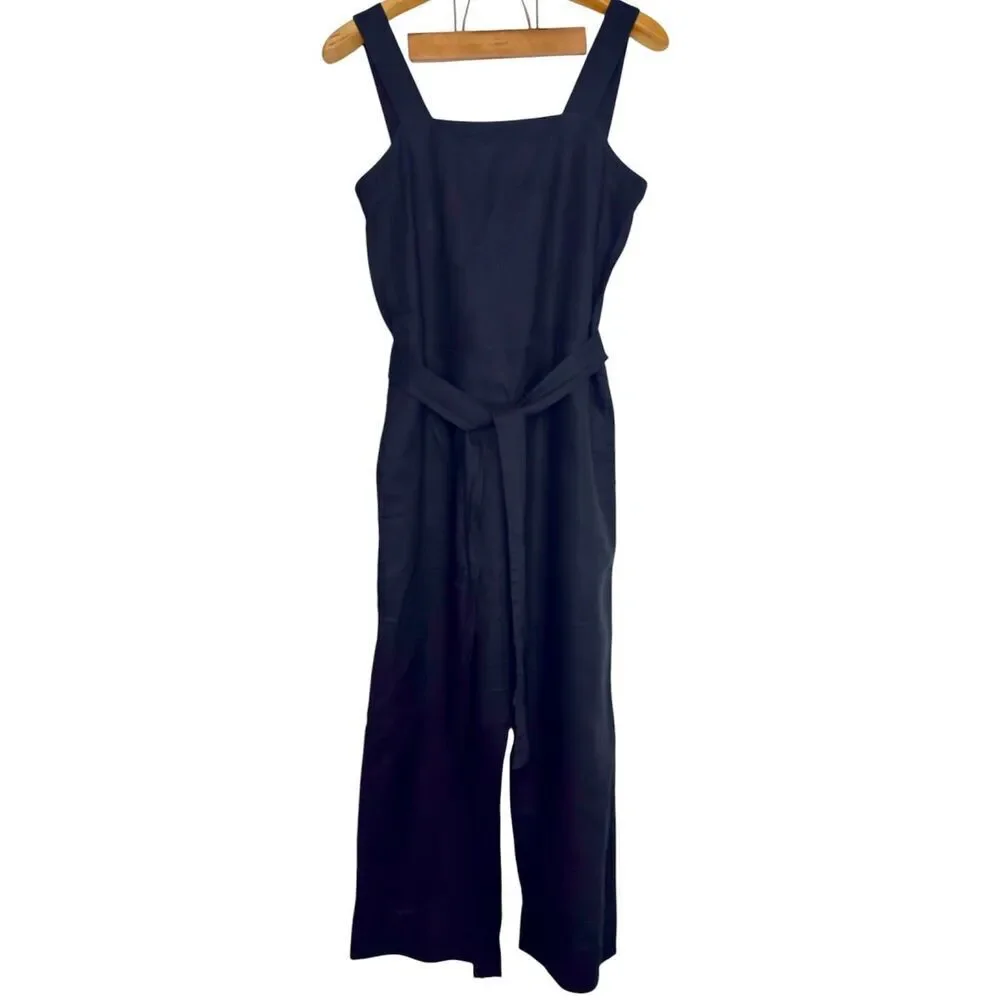 Quince Women's 100% European Black Linen Square Neck Light Weight Jumpsuit Sz: S